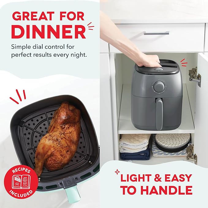 Dash Tasti-Crisp™ Air Fryer - AirCrisp® Technology - Compact Design with Adjustable Temperature Control - Nonstick Fry Basket & Auto Shut-Off Feature - 2.6 Quarts - Cool Grey