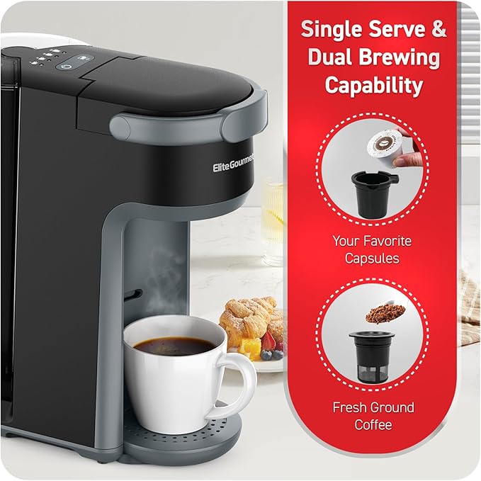 Elite Gourmet EHC323X Rapid Brew Technology 2-in-1 Capsule Coffee Maker, 6~12oz Brewing Capacity, K-Cups and Grounds, Adjustable Mug Height, Reusable Filter, Black