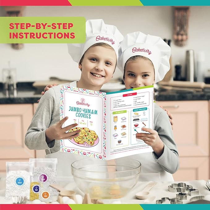 BAKETIVITY Kids Baking DIY Activity Kit Bake Delicious Yum&m Jumbo Cookies- Real Fun Little Junior Chef Essential Kitchen Lessons Includes Pre Measured Ingredients