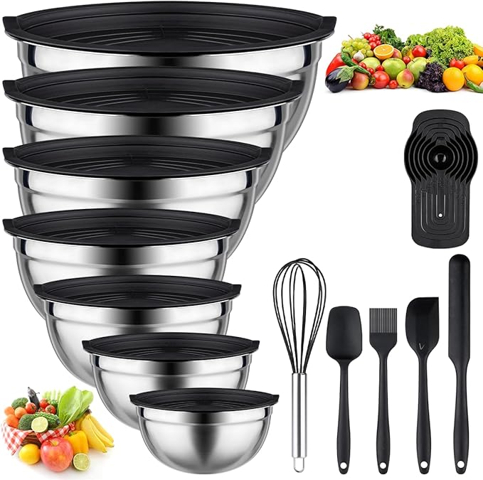 Leidawn Mixing Bowls with Lids set - 25 PCS Stainless Steel Nesting Black Mixing Bowls Set for Baking, Mixing, Serving & Prepping, Size 5, 3.7, 2.8, 2.3, 1.7, 1.1, 0.7QT, 11 Cooking Utensils