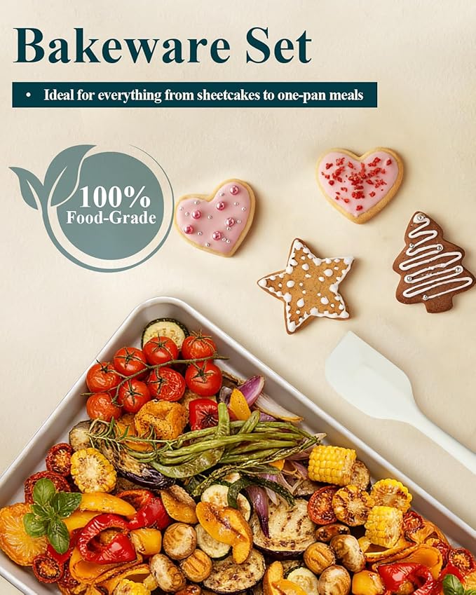7PCS Ceramic-Coated Baking Sheet Set - 10x15in Jelly Roll Pan Non-Stick Cookie Sheet with Wire Rack, Silicone Spatula & 4 Cookie Cutters, PFAS Free, Oven Safe (550°F), Sunshine Cream