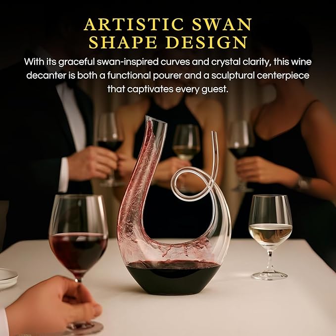 Art Series Swan Swirl Wine Decanter, Hand Blown, Lead-Free Glass with Wide Base for Aeration, + Cleaner Elegant U-Shaped Design with Spill-Reducing Spout – 33.8 oz – Modern Display for Red Wine Lovers