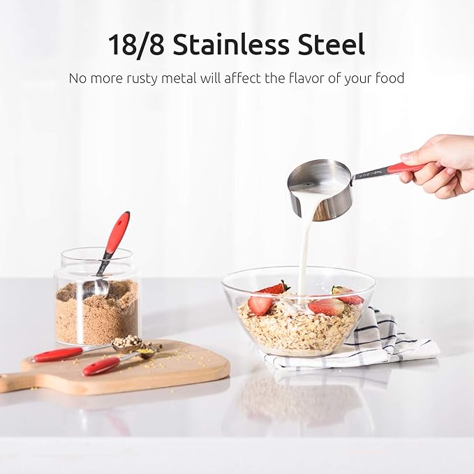 U-Taste 18/8 Stainless Steel Measuring Cups and Spoons Set of 10 Piece, Upgraded Thickness Handle and 1.5oz Heat Resistant Angled Turkey Baster with Cleaning Brush for Cooking Basting (Red)