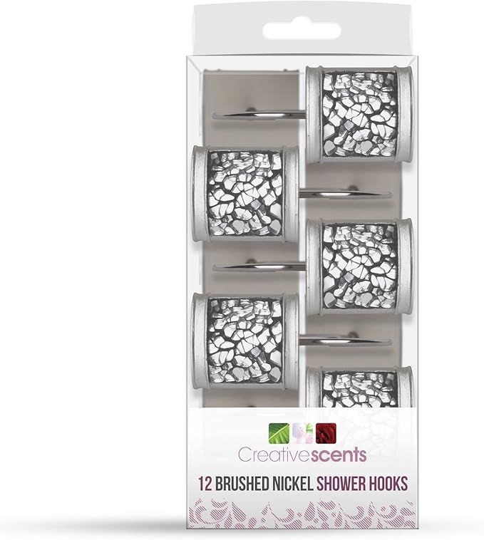 Creative Scents Crackled Glass Shower Curtain Hooks Decorative Set of 12 Silver Shower Curtain Rings for Bathroom Shower Rod - Elegant Crackled Glass Silver Bathroom Accessories