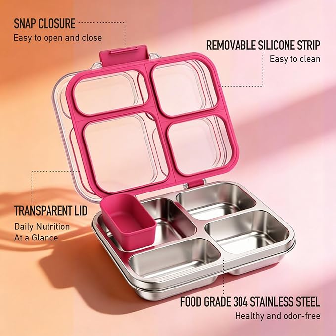 Stainless Steel Bento Box for Kids with Silicone Container, 4 Compartment Metal Lunch Box Kids Adults, Removable Silicone Seal & Clear Lid, Leak Proof Food Storage Container for Meal(Pink)