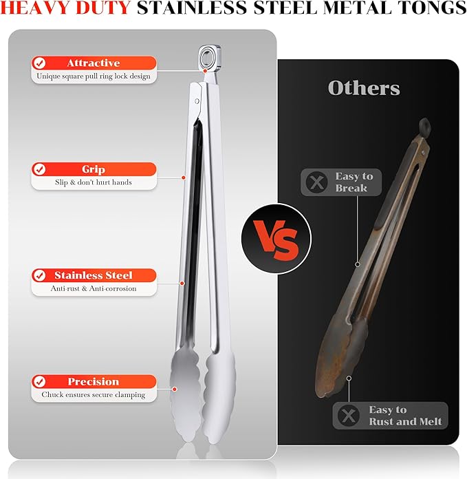 Kitchen Tongs for Cooking - 9 Inch & 12 Inch Heat Resistant Stainless Steel Metal Locking Tong, BBQ Tongs Grill Tong for Cooking, Grilling, BBQ/Barbecue, Food (9+12 inch)