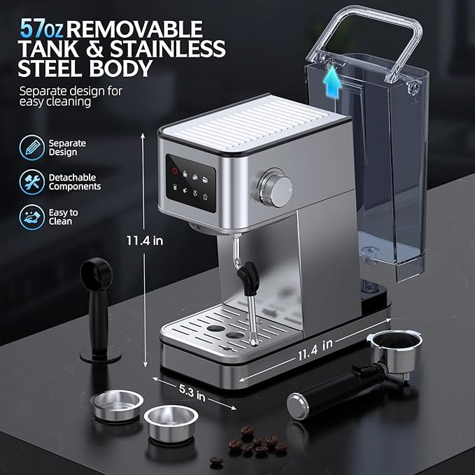 20 Bar Espresso Machine with Milk Frother, Stainless Steel Coffee Maker with Touch Screen & Cold Brew, 45s Fast Heat Small Cappuccino & Latte Machine with 57.5oz Removable Water Tank for Home, Silver