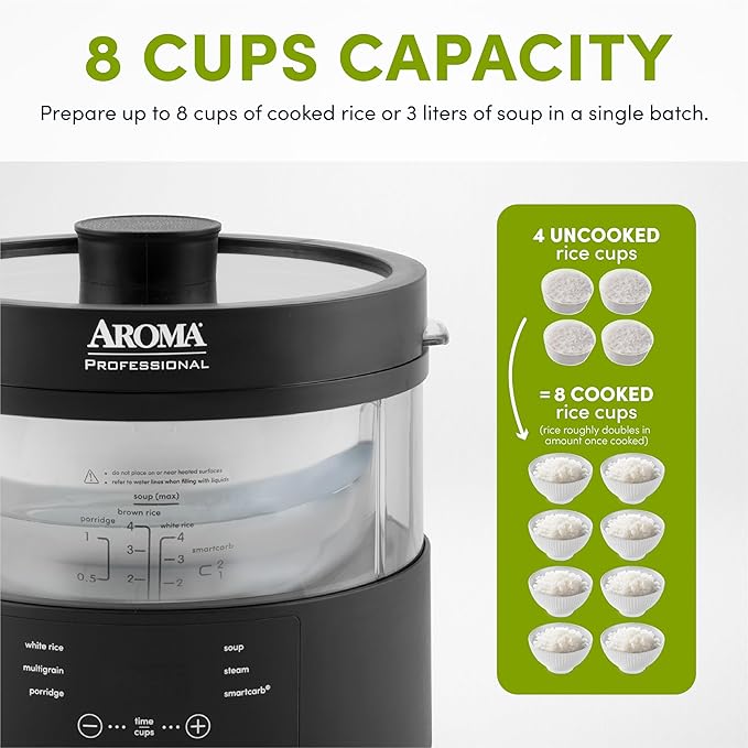 Aroma Housewares Professional 8-Cup (Cooked) SmartCarb Multicooker and Flavor-Lock Food Steamer for Low-Carb Rice and Grains, Glass Inner Pot, Black (AMC-800), Transparent Glass, 4 Cup Uncooked Rice