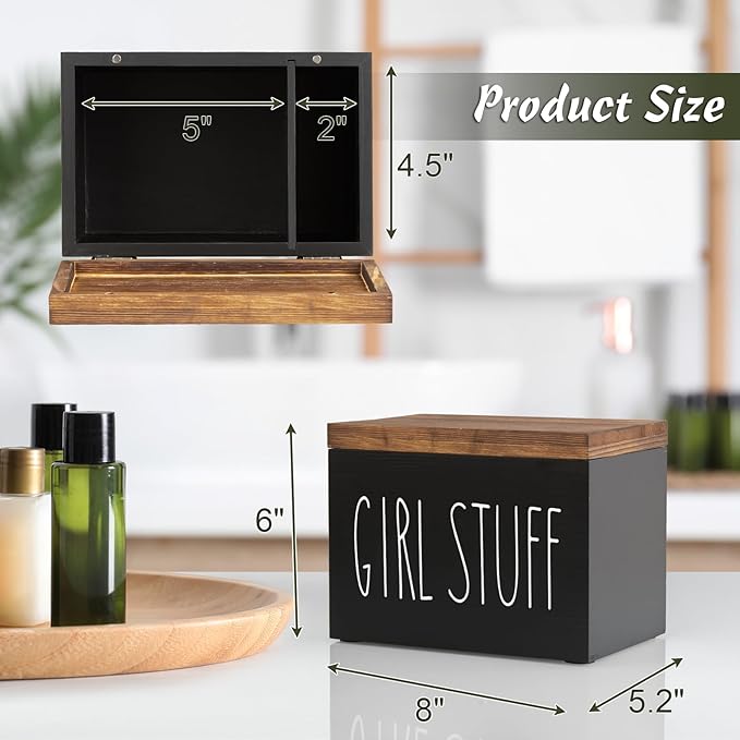 DRASTAR Tea Bag Organizer, Black Wooden Tea Bag Holder& Tampon Holder for Bathroom, Feminine Product Organizer