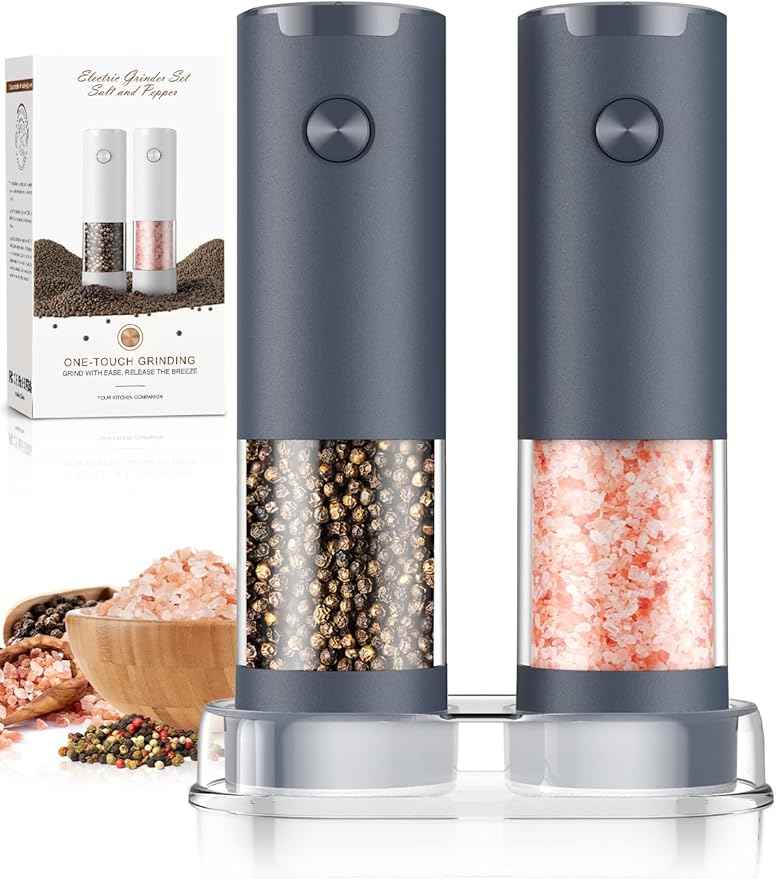Salt and Pepper Shakers Electric Salt Pepper Grinder Set Kitchen Accessories Upgraded Larger Grey Battery Salt Pepper Grinder Shakers Cooking Birthday Gifts for Men