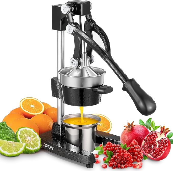 FOHERE Orange Juicer Squeezer, Cast Iron Lemon Squeezer, Commercial Citrus Juicer Hand Press for Orange, Lemon, Pomegranate, Grapefruit, Easy to Clean Citrus Squeezer with a Stainless Steel Cup