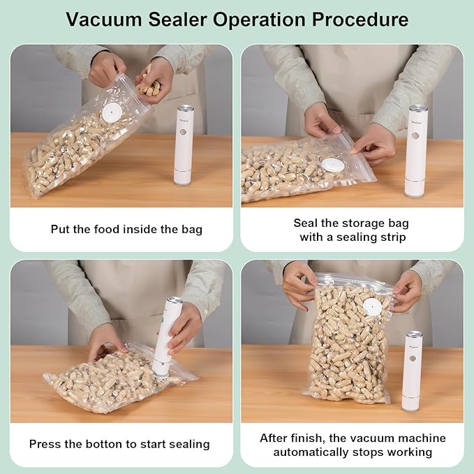 Handheld Vacuum Sealer for Food Storage – Portable & Rechargeable, Easy One-Hand Automatic Operation, 1 Vacuum Sealer + 30 Food Reusable Bags (50 Bags Optional)