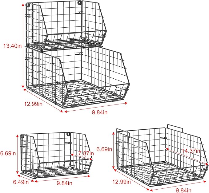 X-cosrack Stackable Wire Baskets for Counter, Fruit and Vegetable Storage, Potato and Onion Storage Bin，Kitchen Pantry Organizer - Wall Basket for Produce/Snack/Can, Large, Black