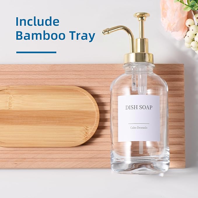 Glass Soap Dispenser with Pump, Dish and Hand Soap Dispenser for Kitchen Bathroom Set, Clear Glass Dispenser Set of 2 Pack with 18 Stickers Funnel Bamboo Tray 500ml 18oz / Each Bottle Gold Pump