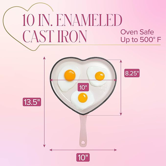 Paris Hilton Enameled Cast Iron Heart Skillet Pan, Superior Heat Retention, Oven Safe, Long-Lasting Enamel, 10-Inch, Pink
