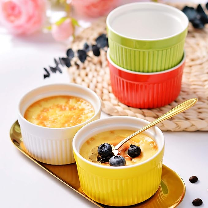 Foraineam 12 Pack 6 oz Ramekins Bakeware 6 Colors Porcelain Souffle Dishes Dessert Custard Baking Cups for Souffle, Creme Brulee and Ice Cream