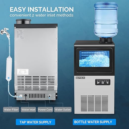ROVSUN 90LBS/24H Commercial Ice Maker with 2 Water Inlets, Stainless Steel Ice Machine Countertop & Freestanding for Restaurant Bar with 11lbs Storage Bin, Ice Scoop, Drain Pipe & Water Filter