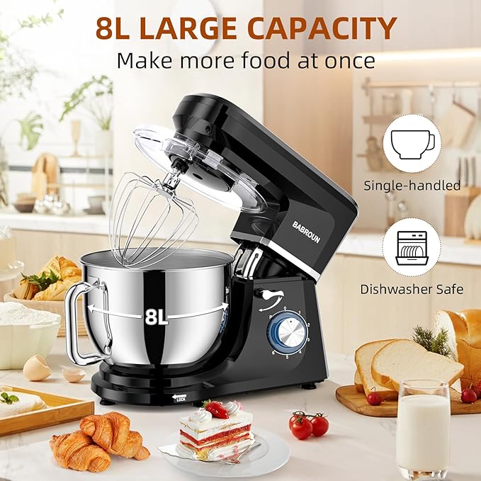 Dough Mixer 8.45 QT Electric Mixer - 660W 6 Speed Large Capacity Kitchen Stand Mixer with Whisk Dough Hook Mixing Beater Household Food Mixer for Baking Cakes Cookie Bread Salad