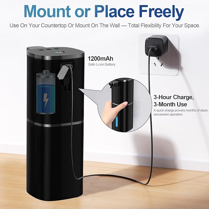 Automatic Liquid Soap Dispenser for Hand Soap & Dish Soap, 9-Level Adjustable Touchless Dispenser with LCD Display, Rechargeable 380mL, Wall Mount or Countertop Use for Kitchen Bathroom