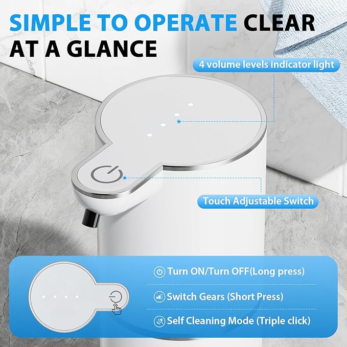 Fantictas Automatic Soap Dispenser,Touchless Automatic Foam Soap Dispenser 380ML, USB Charging 4 Adjustable Levels Wall Mount for Kitchen & Bathroom, White