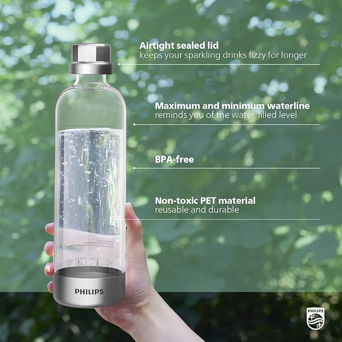 PHILIPS Carbonating Bottles ADD916/37, 1L Twin Pack Reusable PET Sparkling Water Bottles Compatible Sparkling Water Maker, 2 Pack for ADD4902BKOQ/37, ADD4902WHOQ/37 and ADD4901GROQ/37, ADD4901BKOQ/37
