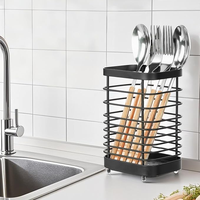 Utensil Holder, Stainless Steel Utensil Drying Rack for Kitchen Counter, Silverware Cutlery Flatware Holder Forks, Knives, Spoons, Chopsticks Organizer (Black)