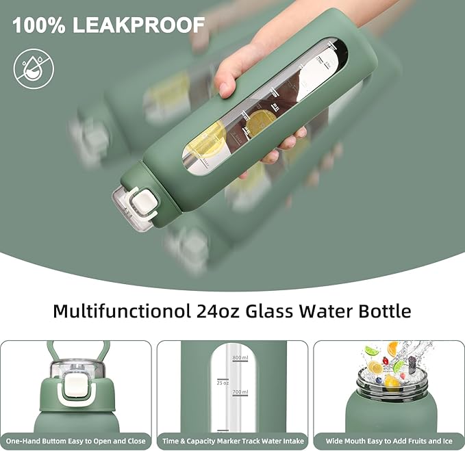 chunmo 24 oz Glass Water Bottle with 2 Lids-Handle Spout Lid & Straw Lid, Motivational Water Bottle with Time Marker and Silicone Sleeve,Leakproof-Olive-1 Pack