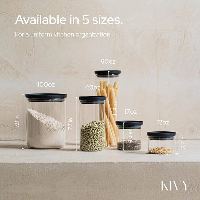 KIVY Airtight Glass Jars with Lids & Labels [4x 17oz] Stackable Glass storage jars with airtight lids - Black Glass Jars with airtight lid - Food Glass canisters with transparent lids
