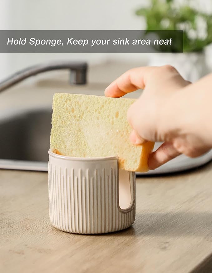 Ceramic Sponge Holder for Kitchen Sink, Scrub Sponge Dish Rack, Farmhouse Compact Sink Caddy Organizer, Glazed White