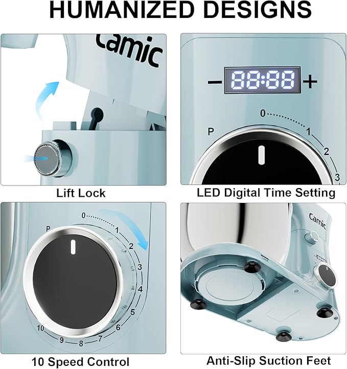 Camic Stand Mixer, 4.2QT+5.3QT Two bowls Electric Food Mixer, 10 Speeds with Digital setting 3-IN-1 Kitchen Mixer for Baking Cakes Cookie Bread Salad with Egg Whisk,Dough Hook,Flat Beater (Blue)