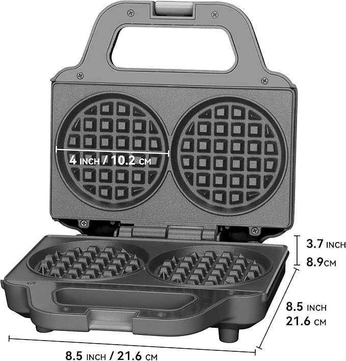 SugarWhisk 4 Inch Double Mini Waffle Maker Machine, Chaffle Maker, Waflera Electrica, Small Waffle Iron for Waffles, Keto Chaffles, Hash Browns, Cookies, Grey