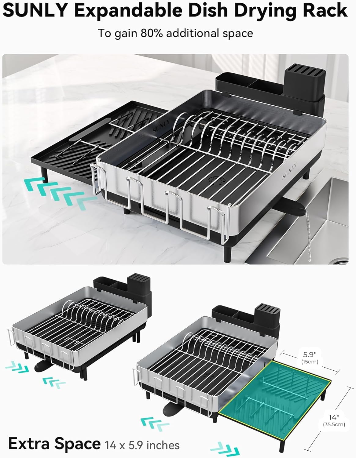 SUNLY Large Dish Drying Rack, Expandable Dish Racks for Kitchen Counter, Space Saving 304 Stainless Steel Drying Rack Kitchen, Extra Large Drainer with Multifunctional Flip Up Pegs, Black
