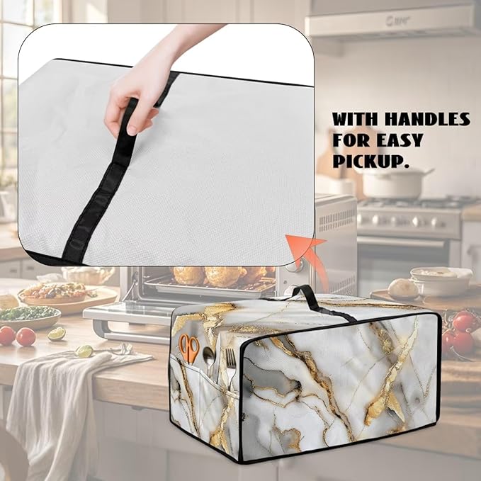 Toaster Oven Dust Cover with Storage Pockets, Protective Decorative Smart Oven Cover for for Kitchen Countertop, L, 18.5 x 22.5 x 13 inches, White Gold Gray Marble