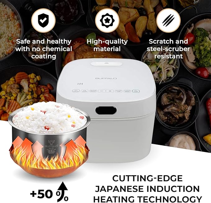 Buffalo SMART COOKER Induction Heating IH Rice Cooker and Warmer, 1 L, 5 cups of rice, Non-Coating inner pot, Efficient, Multiple function, White (5 cups)