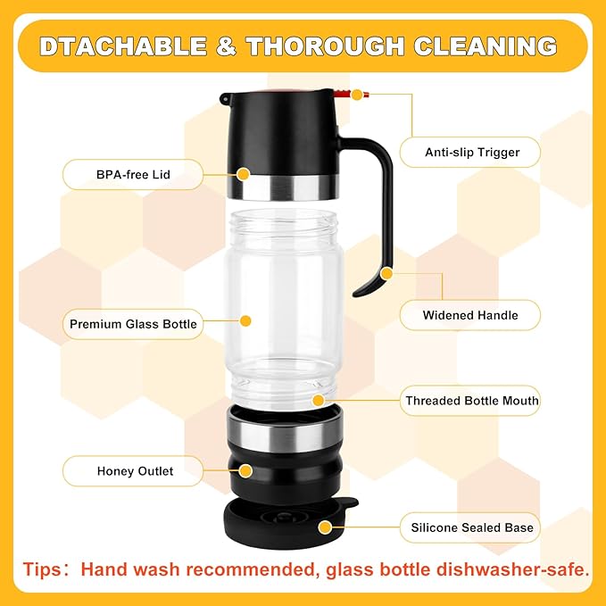 Glass Honey Dispenser No Drip, Maple Syrup Dispenser for Coffee, Tea, Pancake, Black (9 OZ, 1 Pack) U14