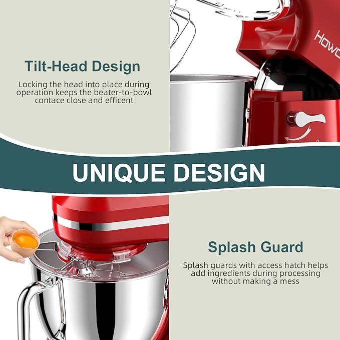 HOWORK Electric Stand Mixer,10+p Speeds With 6.5QT Stainless Steel Bowl,Dough Hook, Wire Whip & Beater,for Most Home Cooks (Red)