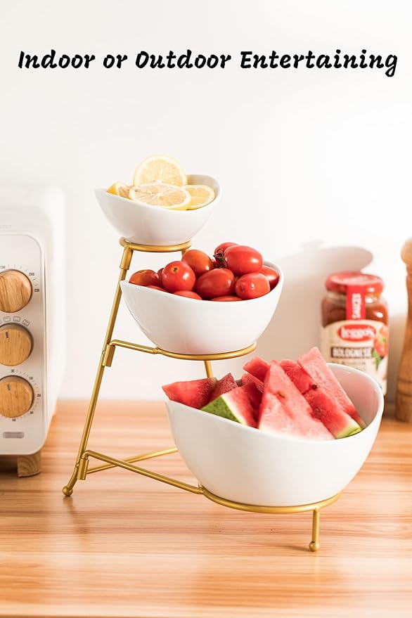 LAUCHUH 3 Tier Serving Stand Serving Dishes for Entertaining Porcelain Oval Bowl Set Tiered Serving Tray for Fruit, Vegetable, Nuts, Salad, Chip Dip Bowl Set for Easter, Mother's Day, Gold