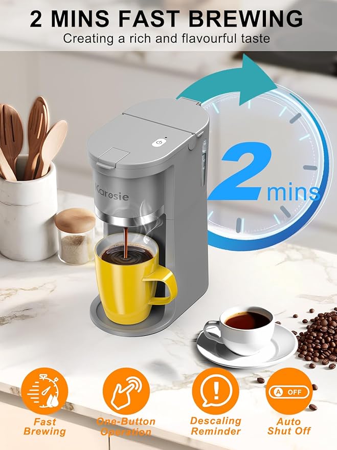Small Single Serve Coffee Maker, Fast Brew for K-Cup & Ground Coffee, 6-12 Oz Brew Sizes, One-Button Single Cup Coffee Maker, Coffee Machine with Descaling Reminder,Grey, 9.45 Inches