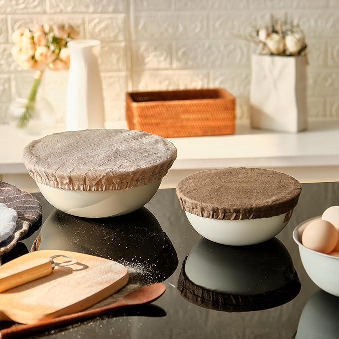 100% Pure Linen Bowl Covers For Bread Proofing, 4 Pcs Elastic Reusable Bowl Covers Large Ticking Striped Cloth Fabric Stretch Sourdough Lids, 6 * 8 * 10 * 12 Inches- Green