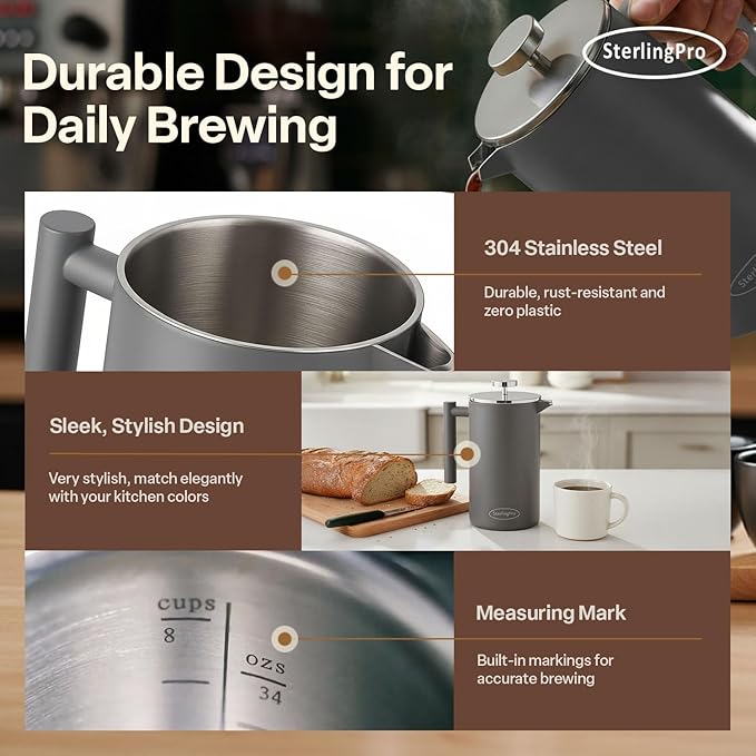 SterlingPro Stainless Steel French Press Coffee Maker 1 L (34 oz) Grey – Double Walled Insulated Large Coffee Press, Durable Design Keeps Drinks Hot, Easy to Use and Clean for Rich Flavor Brewing