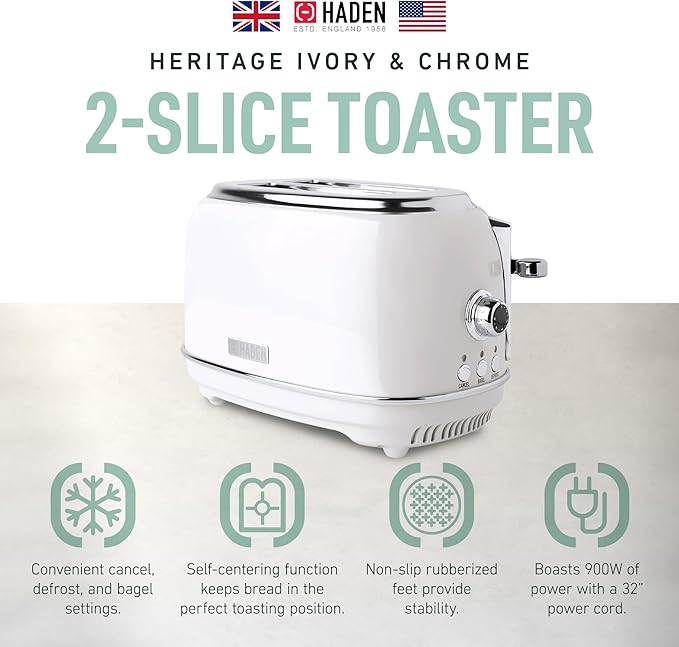 Haden Heritage 2 Slice Wide Slot Stainless Steel Toaster with Adjustable Browning Control & Non-Slip Feet, Ivory & Chrome