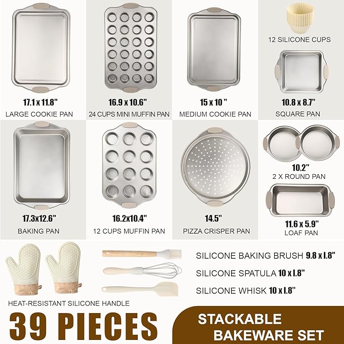 39 Pcs Nonstick Baking Pans Set Stackable Bakeware Set with Silicone Handles, 450°f Oven Safe Easy Release Baking Sheet Sets Cookie Sheets Sets for Cooking