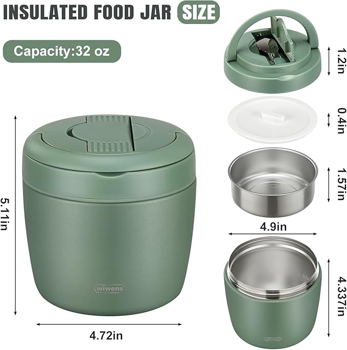 wiwens Thermo Food Jar for Hot Food Adults 32OZ Soup Thermo Lunch Containers Wide Mouth Vacuum Insulated Stainless Steel Leakproof Bento Box with Spoon (Green)