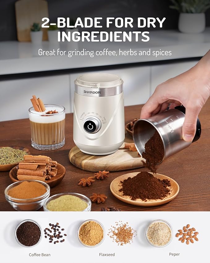 SHARDOR Electric Super Silent Blade Coffee Grinder, Timed Grind Control Rotary Knob, Adjustable Coarse to Fine for Coffee Beans, Spices & Herbs, with 2 Removable Stainless Steel Bowl, Cream