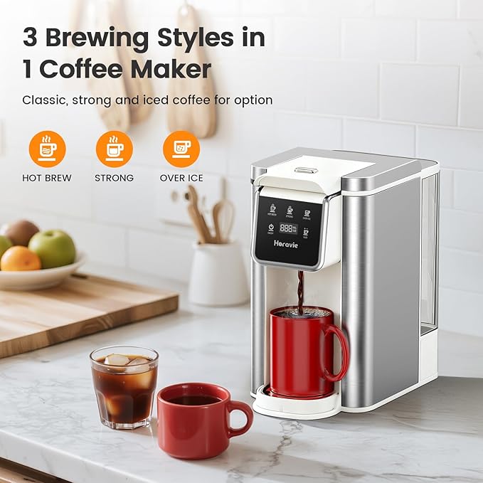 Horavie Single Serve Coffee Maker for K-Cup Pod & Grounds, Hot & Iced Coffee Maker, Strong Button Feature, 6 to 14oz Brew Sizes, 50oz Removable Reservoir, Fit 6.5" Mugs, Stainless Steel, White