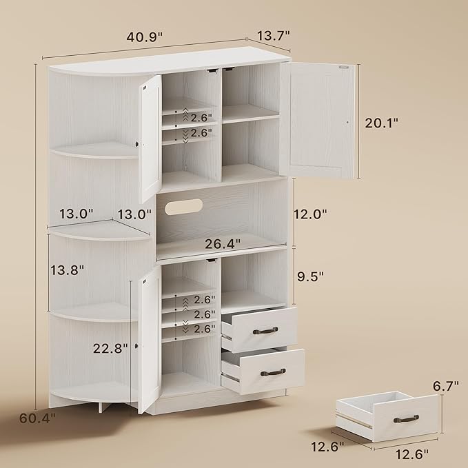 Gizoon 60.4" Pantry Cabinet with Coffee Bar, Tall Kitchen Pantry Storage Cabinet with Microwave Stand and 2 Drawers, Farmhouse Hutch with 4 Open Tiers for Dining Room and Kitchen Organization, White