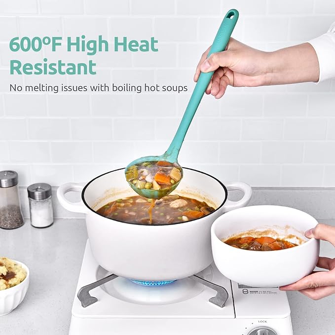 U-Taste 12 Piece Measuring Cups and Spoons Set in 18/8 Stainless Steel, and 600ºF Heat Resistant 13 inch Large Non-Stick Silicone Soup Ladle (Aqua Sky)