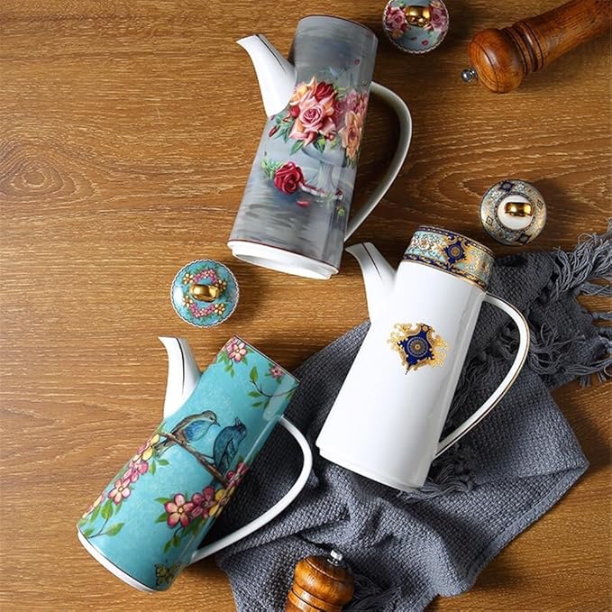 Water Pitcher Ceramic Teapot With Lid Water Pitcher Kitchen Butter Bottle Flower & Bird Finished Wedding Gifts Party Presents 650ML Glass Pot(Gris)