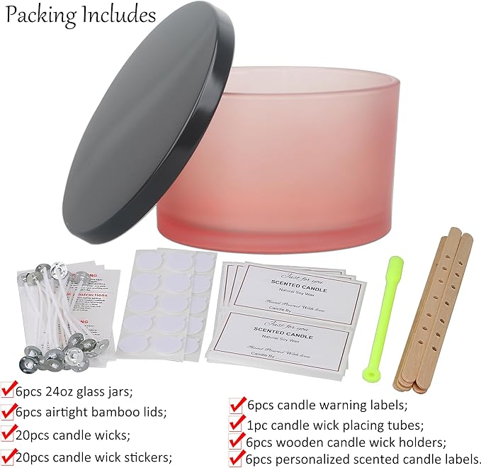 MILIVIXAY 6 Pack 24 oz Candle Jars with Metal Lids and Candle Making Kits - 3 Wick Candle Jar,Bulk Empty Matte Pink Thick Glass Jars for Making Large Candles - Spice, Powder Containers.