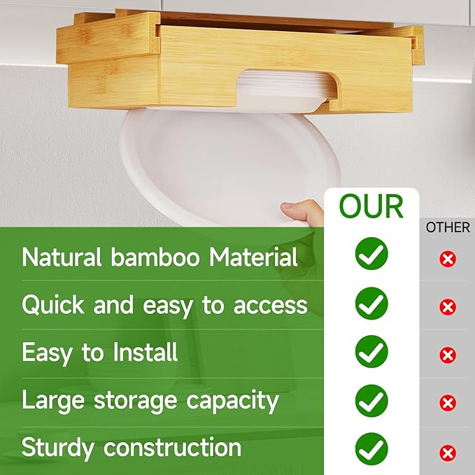 Paper Plate Dispenser Under Cabinet - 10 Inch Bamboo Paper Plate Dispenser, Kitchen Counter Vertical Holder Organizer Countertop Caddy (10 Inch Natural)